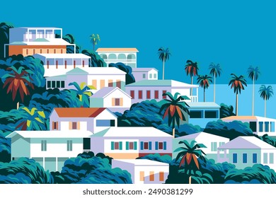 Tropical Island cityscape with traditional houses, cottages and beach huts, palms and green trees in the background. Handmade drawing vector illustration.