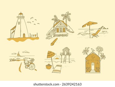Tropical island coastal scenes with beach elements and exotic vegetation hand drawn sketches isolated set. Rural hut, seacoast lounge area, lighthouse, resort hotel building design vector illustration
