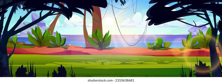 Tropical island coastline with lianas on exotic trees. Vector cartoon illustration of rainforest with green plants, seascape with rocks, birds flying in blue sky towards bright sun shining on horizon