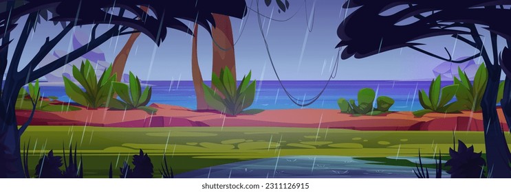 Tropical island coastline with lianas on exotic trees. Vector cartoon illustration of rainforest with green plants, seascape with rocks, blue sky with falling drops, rainy weather, tropic storm