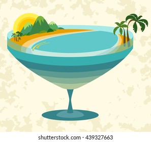 Tropical island coastline and the sea in a glass.Vector illustration on the theme of holidays at sea