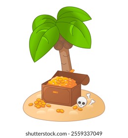 Tropical island with coconut tree and open lost treasure chest of gold in cartoon style isolated on white background.