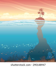 Tropical island with coconut tree and underwater cave with coral reef on a sunset sky. Nature vector illustration.