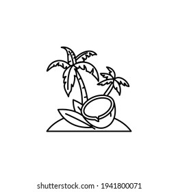 Tropical island with coconuts and palm trees vector line icon.