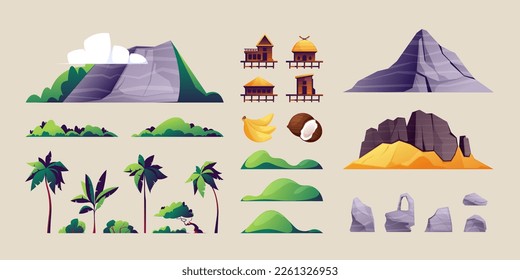 Tropical island constructor. Cartoon landscape with mountain hills palm trees clouds green foliage samples, summer coast elements flat style. Vector set. Summer paradise, wooden huts