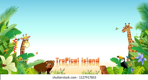 Tropical island decorative Beachside forest frame design with toucan bird bear zebra  in succulent rainforest plants flowers colorful vector illustration.