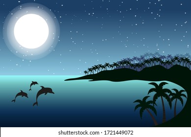 Tropical island and dolphins in the moon light. Sea horizon vector illustration.