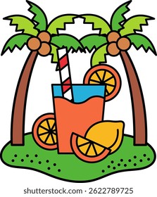 A tropical island with a drink and fruit on a table. The drink is orange and has a straw in it