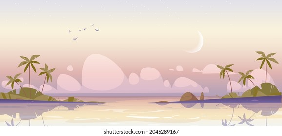 Tropical island at early morning, calm sea and palm trees under pink cloudy sky with waxing crescent, ocean water surface and birds in dawn heaven. Beautiful nature landscape Cartoon vector background