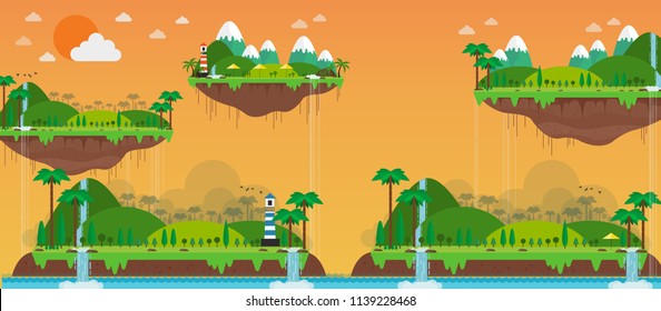 Tropical island. evening time paradise ocean landscape. vector illustration