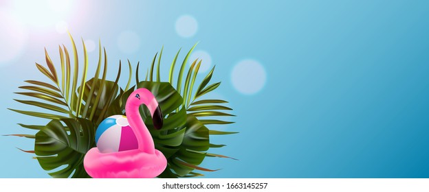 Tropical island. Flamingo banner. Flower and palm wallpaper. Vector jungle illustration. Colorful tropical bird