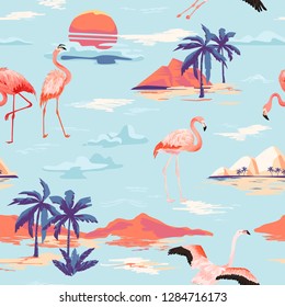 Tropical Island and Flamingo seamless vector summer pattern with tropic palm trees. Vintage background for wallpapers, web page, texture, textile.