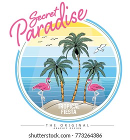 tropical island and flamingo vector illustration graphic for t shirt print