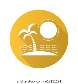 Tropical island flat design long shadow icon. Seashore with sun, waves and palm tree. Vector silhouette symbol