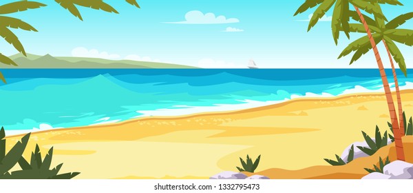 Tropical island flat vector color illustration. Seascape. Sky, coast, palm trees and sailing boat in sea. Sea, ocean scene cartoon background. Paradise resort. Summer backdrop for text and design