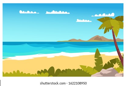 Tropical island flat vector color illustration. Seascape. Sky, coast, palm trees and sailing boat in sea. Sea, ocean scene cartoon background. Paradise resort. Summer backdrop for text and design