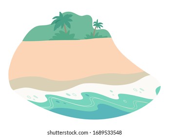 Tropical island flat vector color illustration. Seascape. Sky, coast, palm trees and sailing boat in sea. Sea, ocean scene cartoon background. Paradise resort. Summer backdrop for text and design