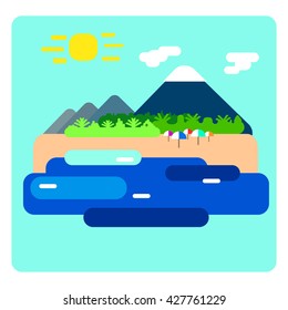 Tropical island flat vector landscape, tropical holiday flat style picture, tropical landscape flat illustration, tropical island with beach umbrella and mountain, optimistic tropic island template