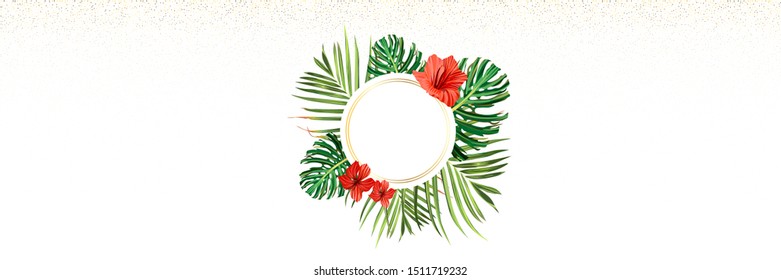 Tropical island. Flower and palm wallpaper. Vector jungle illustration. Green tropical island banner