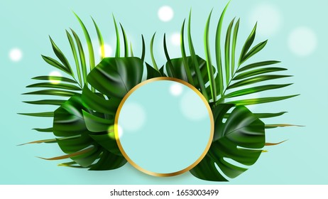 Tropical island. Flower and palm wallpaper. Vector jungle illustration. Green tropical island banner.