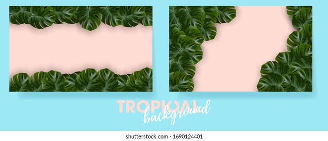 Tropical island. Flower and palm wallpaper. Vector jungle illustration. Exotic tropical jungle rainforest bright green monstera leaves border frame template on pink background.