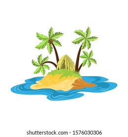 Tropical island with the foliage hut surrounded by palm trees. Vector illustration in flat cartoon style.