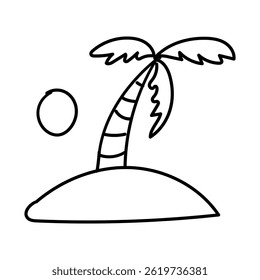 Tropical island getaway with waving palm. Doodle Icon Illustration