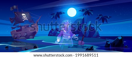 Tropical island with ghost of pirate and broken ship at night. Vector cartoon sea landscape with sail boat after shipwreck with skull on black sails, palm trees and spirit of dead captain with hook