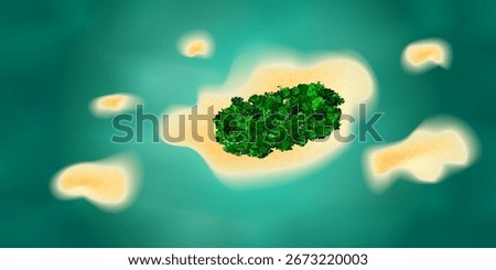 Tropical island with green trees in the middle of ocean top view. Vacation bg with turquoise water and sandy coastline. Drone flying high above of idyllic uninhabited beach. Vector illustration