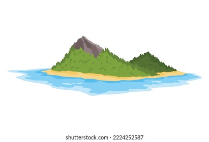 Tropical island with green trees in ocean. Uninhabited isle with beach surrounded with sea water. Empty land and no people. Exotic natural landscape for vacation or summer weekend holiday