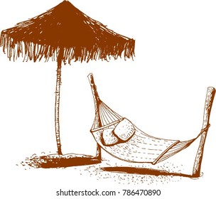 Tropical island, hammock and beach shelter, vector illustration.