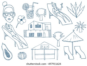 Tropical island holiday set. Hand drawn.