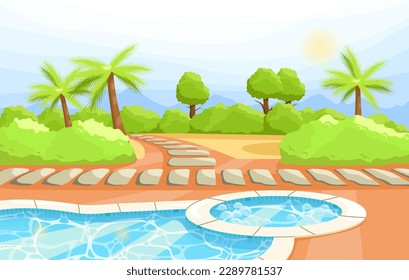 Hotel de isla tropical con piscina. Piscina vacía con playa de arena. Complejo de mar exótico con agua azul en la piscina. Paisaje en segundo plano. Afiche de lujo sobre las vacaciones oceánicas. Ilustración vectorial plana