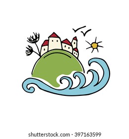 Tropical island with houses. Sketch for your design