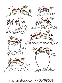 Tropical island with houses. Sketch for your design