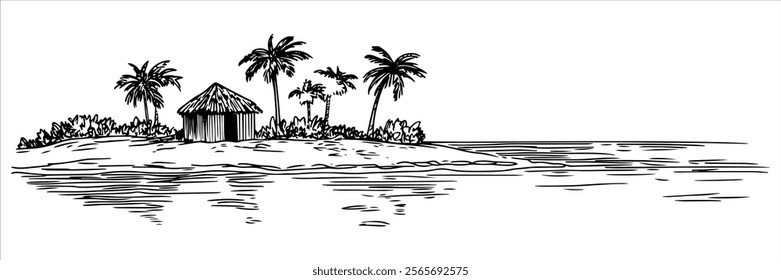 tropical island with hut, palm trees, and calm water, black vector illustration