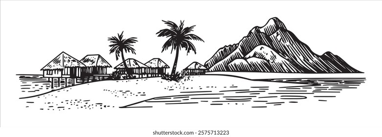 tropical island with huts and mountains in black line art