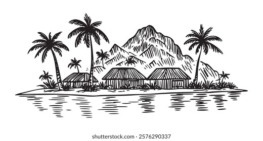 tropical island with huts, palm trees, and mountain hand-drawn black and white illustration