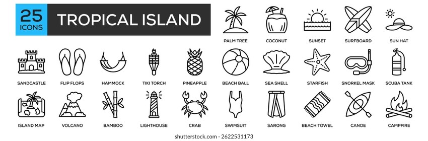 Tropical island icon collection set. Containing design Palm Tree, Coconut, Sunset, Surfboard, Sun Hat