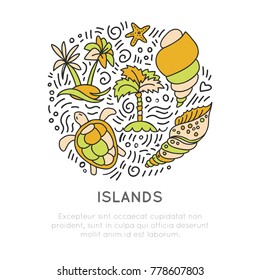 Tropical Island icon set, vector hand draw cartoon icon concept in round form with decorative elements. Palm, seashell, islands, turtle, starfish and cartooning bubbles