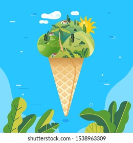 a tropical island illustrated as an ice cream in a cone with all the detail of islan, houses, coconut tree, sun,and tropical leaves with blue sky background. flat design vector illustration