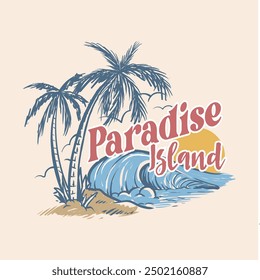 Tropical Island Illustration with Palm Trees and Ocean Waves
