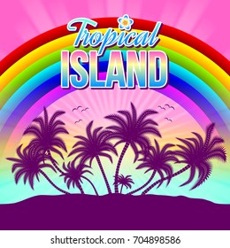 Tropical island illustration with palm trees, rainbow and sunset or sunrise in the background.