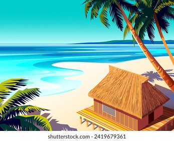 Tropische Insel Landschaft mit Strandbungalow im ersten Plan und Meer im Hintergrund. Handgefertigte Zeichenkette, Vektorgrafik. Kann für Banner, Poster, Karten etc. verwendet werden.