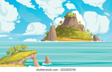 Tropical island landscape cartoon poster with colorful sea and beautiful clouds vector illustration