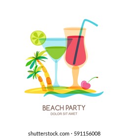 Tropical island landscape with cocktail glass and palm tree. Vector doodle isolated illustration. Trendy flat design for summer beach party, bar menu of alcohol drinks or wine list.