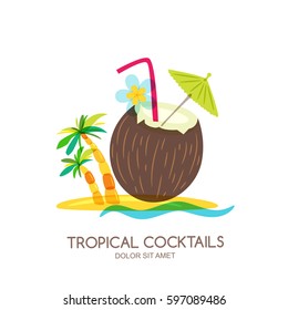 Tropical island landscape with coconut cocktail and palm tree. Vector doodle isolated illustration. Trendy flat design for summer beach party, bar menu of alcohol drinks.