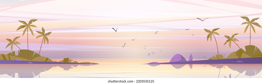 Tropical island landscape at early morning, calm sea and palm trees under pink cloudy sky with flying birds, ocean water surface and dawn heaven beautiful nature, Cartoon vector game background