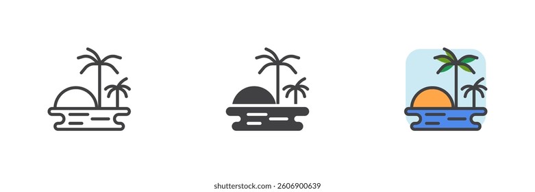 Tropical island landscape with palm trees, a sunset and beach different style icon set. Line, glyph and filled outline colorful version, outline and filled vector sign. Symbol, logo illustration