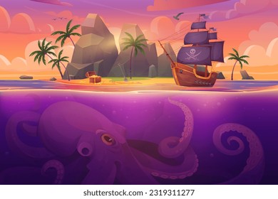 Tropical island landscape with pirate ship and giant underwater octopus vector illustration. Cartoon sea or ocean game adventure background template with boat sailing for treasure chest and monster